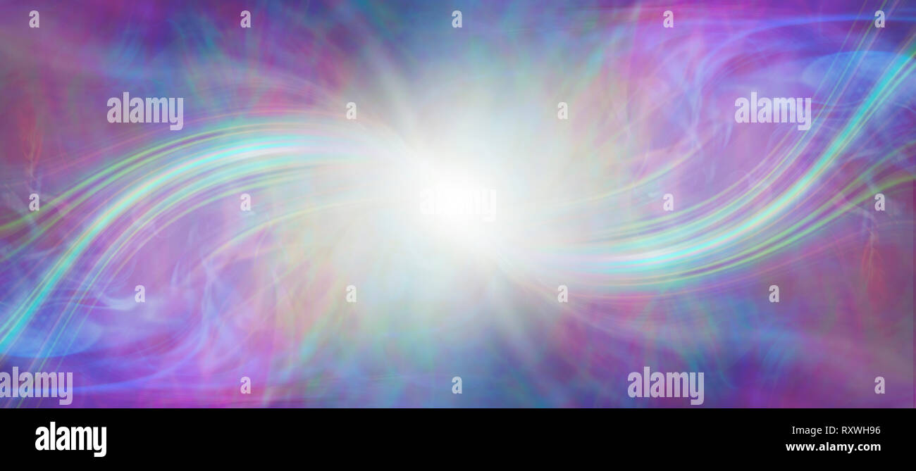 Mindfulness connection with the Divine Source - central white energy orb with a symmetrical bright laser light coming in from each side against a pink Stock Photo