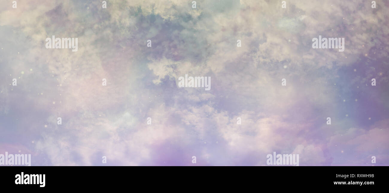 Angelic Ethereal Heavenly Sky Background - Pink and purple coloured cloudy space banner with many different stars, planets and cloud formations Stock Photo