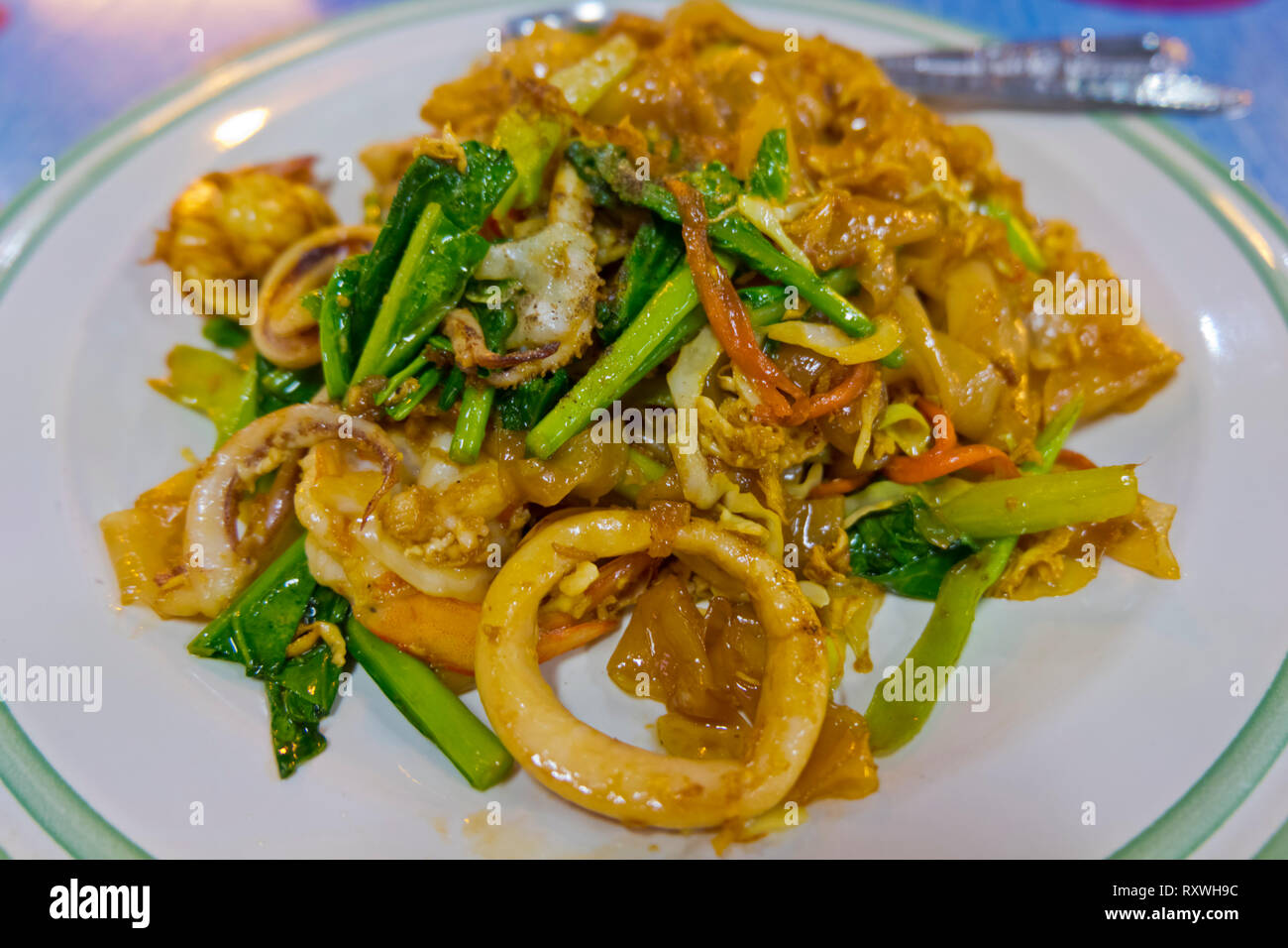 Seafood with flat noodles, food hall, Central Road, Pattaya, Thailand