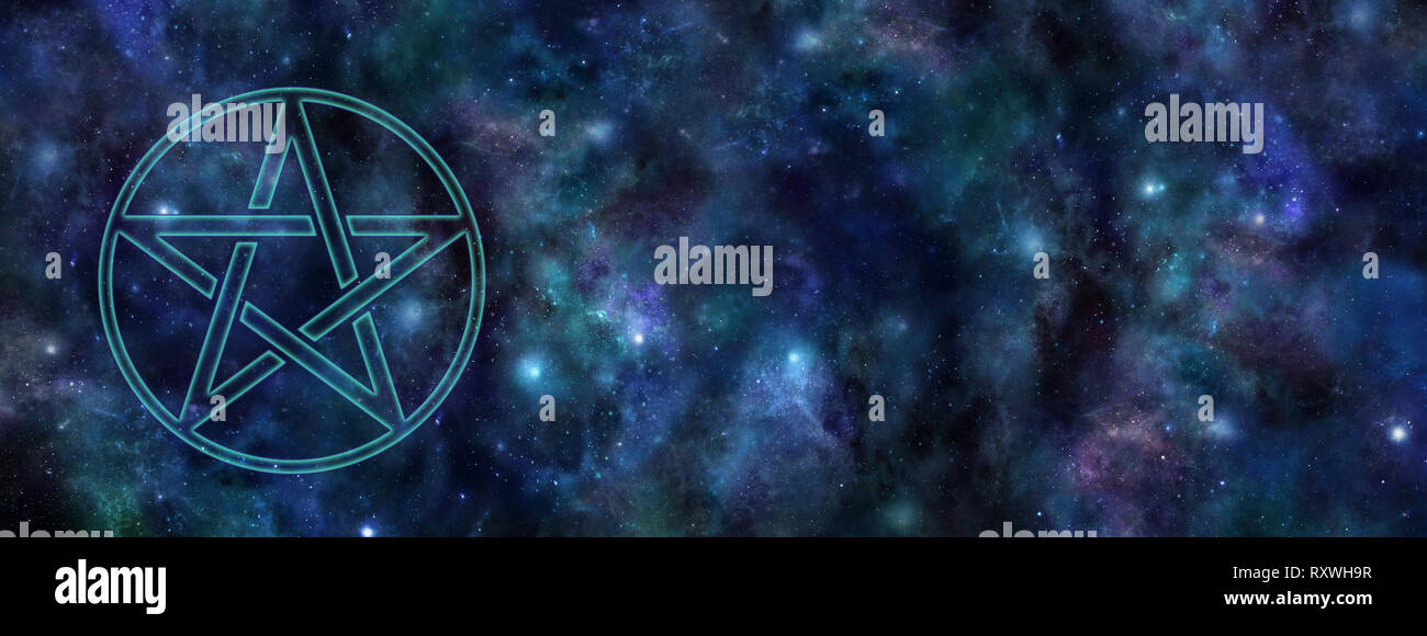 Cosmic Pentacle Web Banner - transparent symbol floating in space against a dark blue starry night sky deep space background with copy space on right Stock Photo