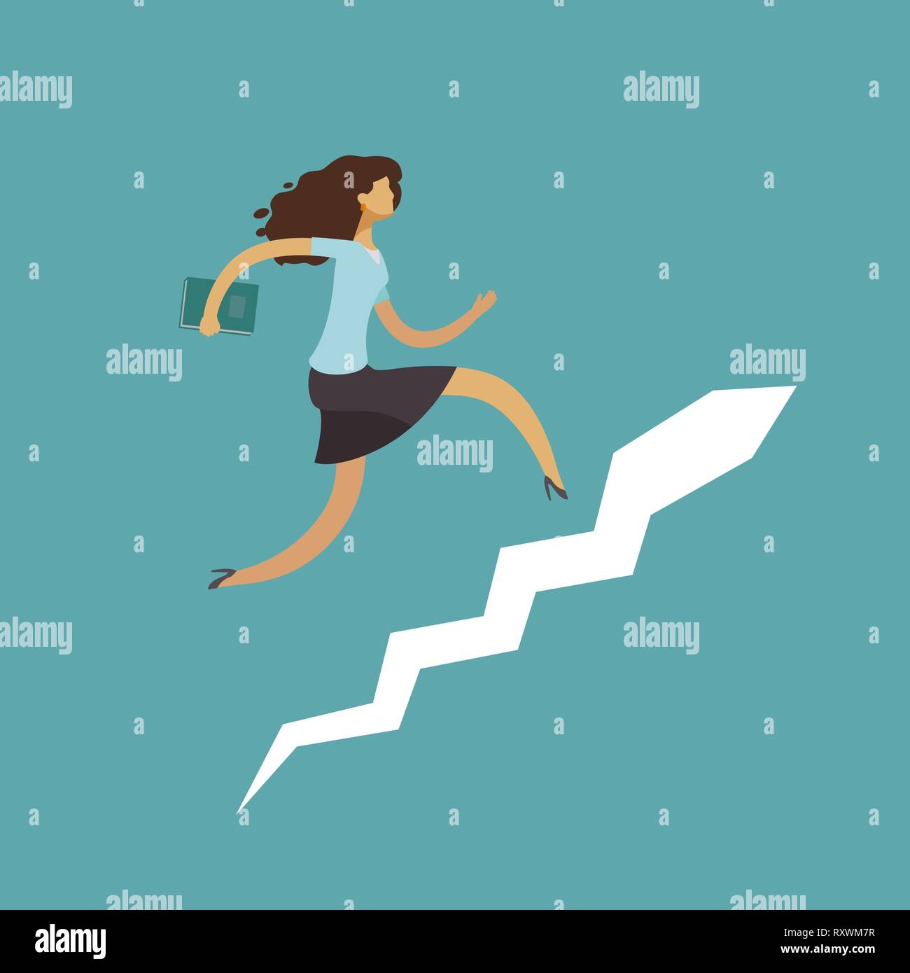 Businesswoman running up stairway. Career ladder, success concept. Business vector illustration Stock Vector
