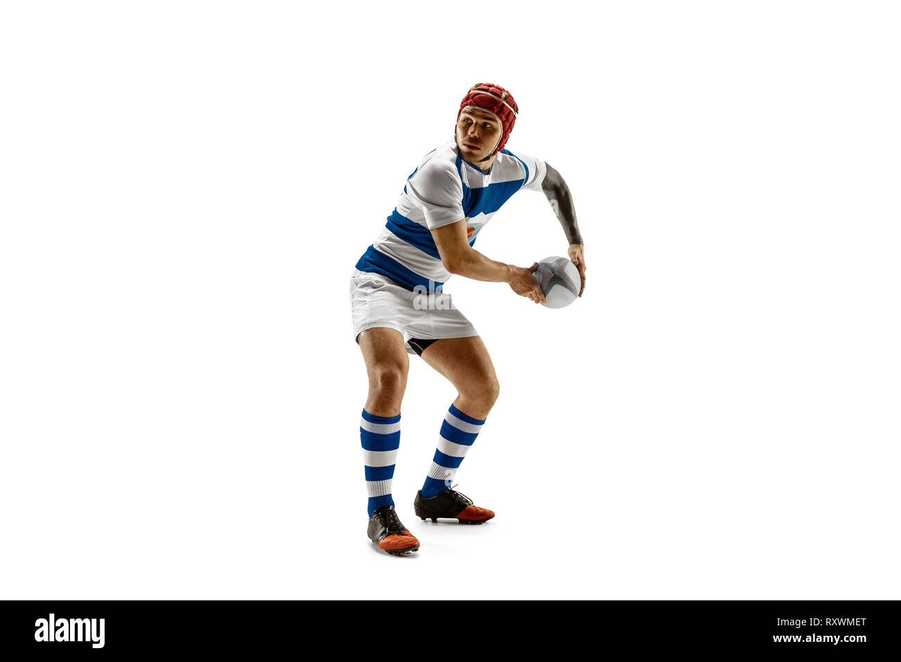 The silhouette of one caucasian rugby man player isolated on white ...