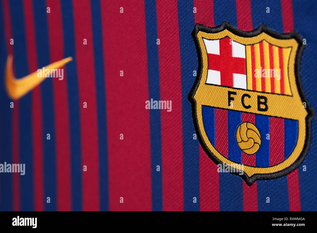 Close up of FC Barcelona Home Kit. Stock Photo