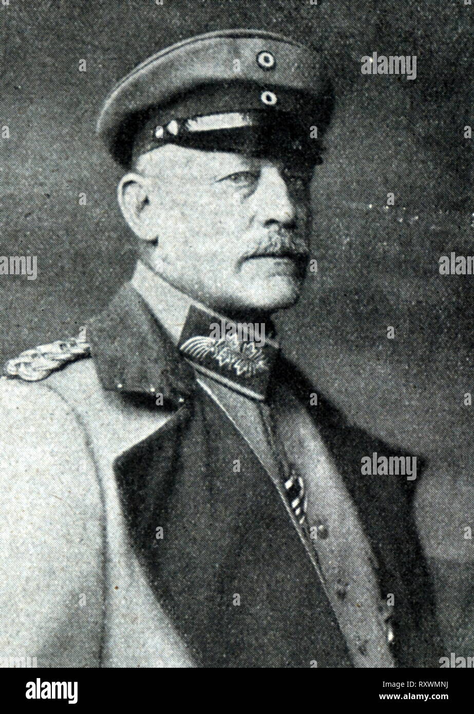 Oskar Emil von Hutier (1857 - 1934), German general during the First World War. He served in the German Army from 1875 to 1919, including war service. During the war, he commanded the army that took Riga in 1917 and was transferred to the Western Front in 1918 to participate in the Michael offensive that year. He is frequently but mistakenly credited with inventing the stormtrooper tactics his forces employed to great effect during the Michael offensive. After retiring from the Army in 1919, he presided over the German Officers' League until his death on 5 December 1934. Stock Photo