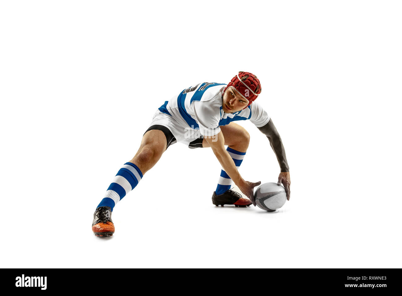 The silhouette of one caucasian rugby man player isolated on white ...