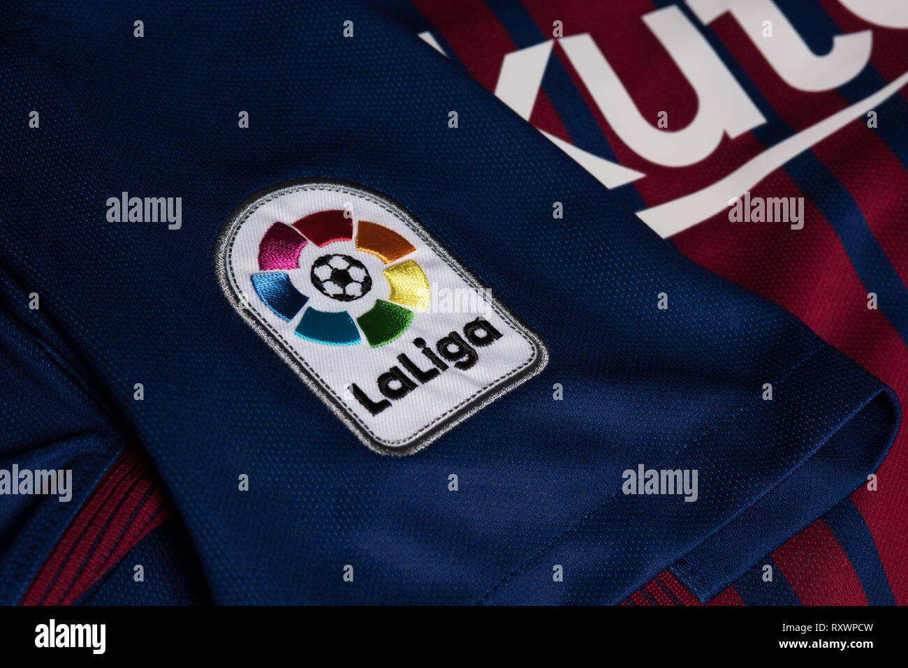 Close up of La Liga badge on an FC Barcelona jersey. Stock Photo