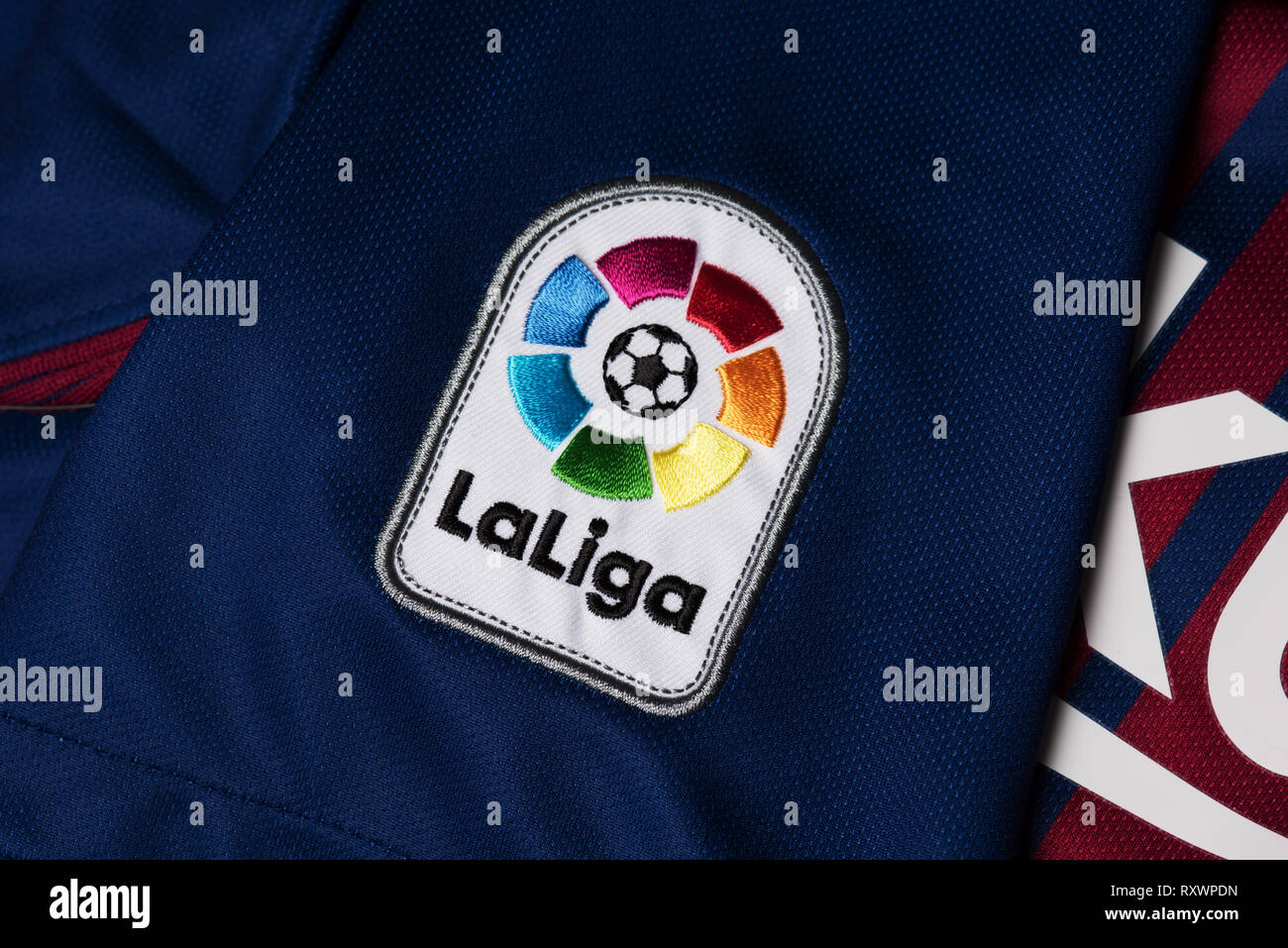 Close up of La Liga badge on an FC Barcelona jersey. Stock Photo