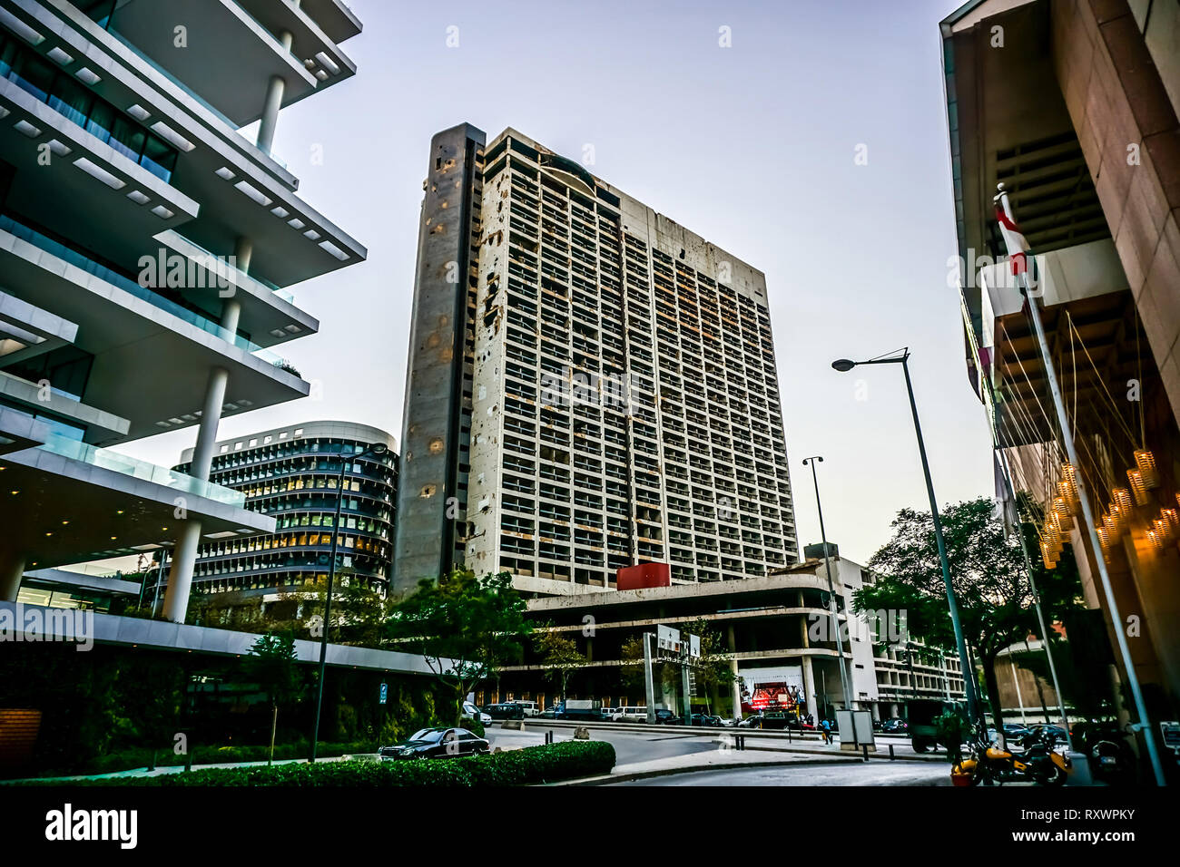 Beirut Remarkable Ruined Highrise Building from the Lebanese Civil War Legacy Stock Photo