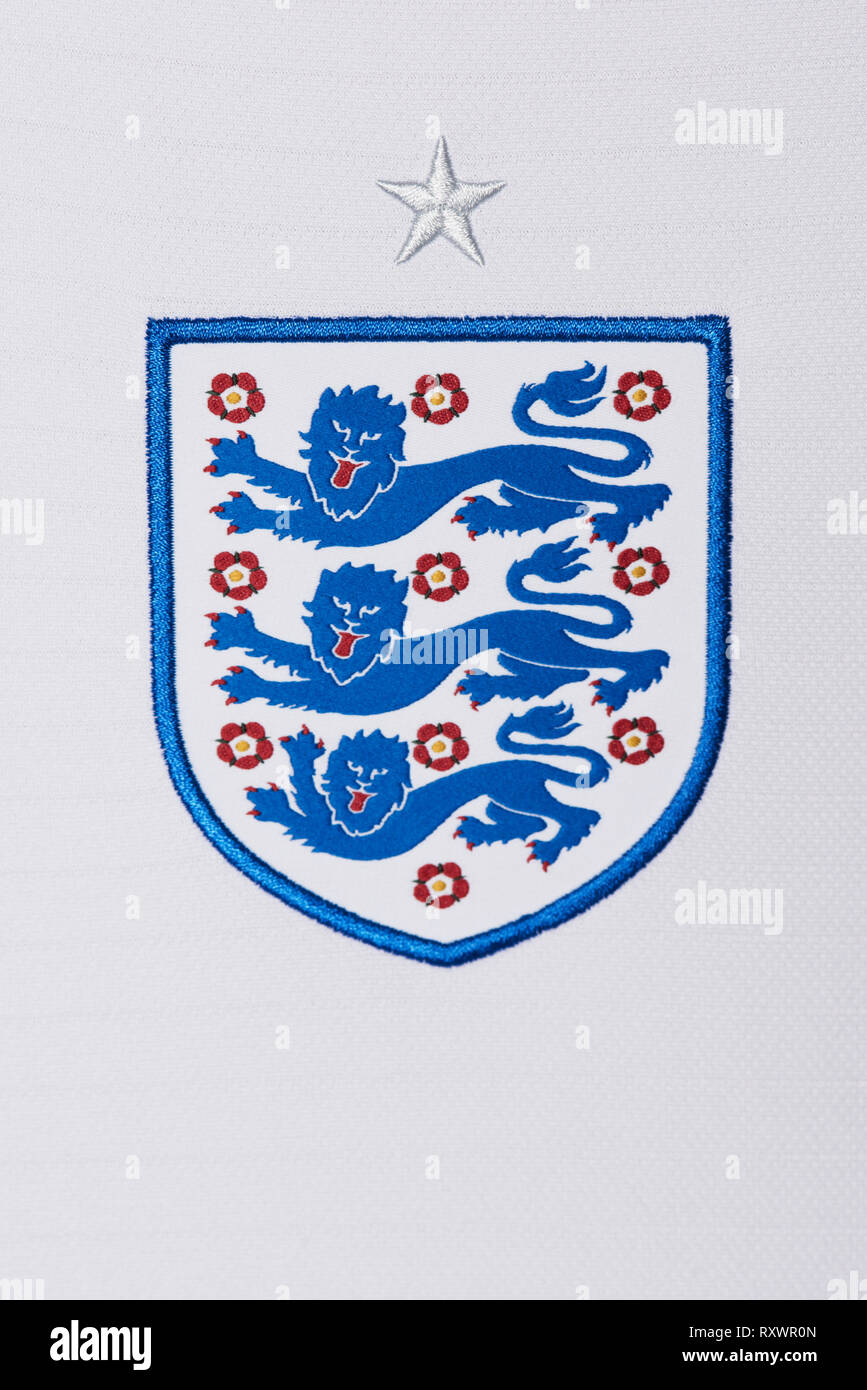 Close up of England National football team kit . FIFA World Cup 2018. Stock Photo