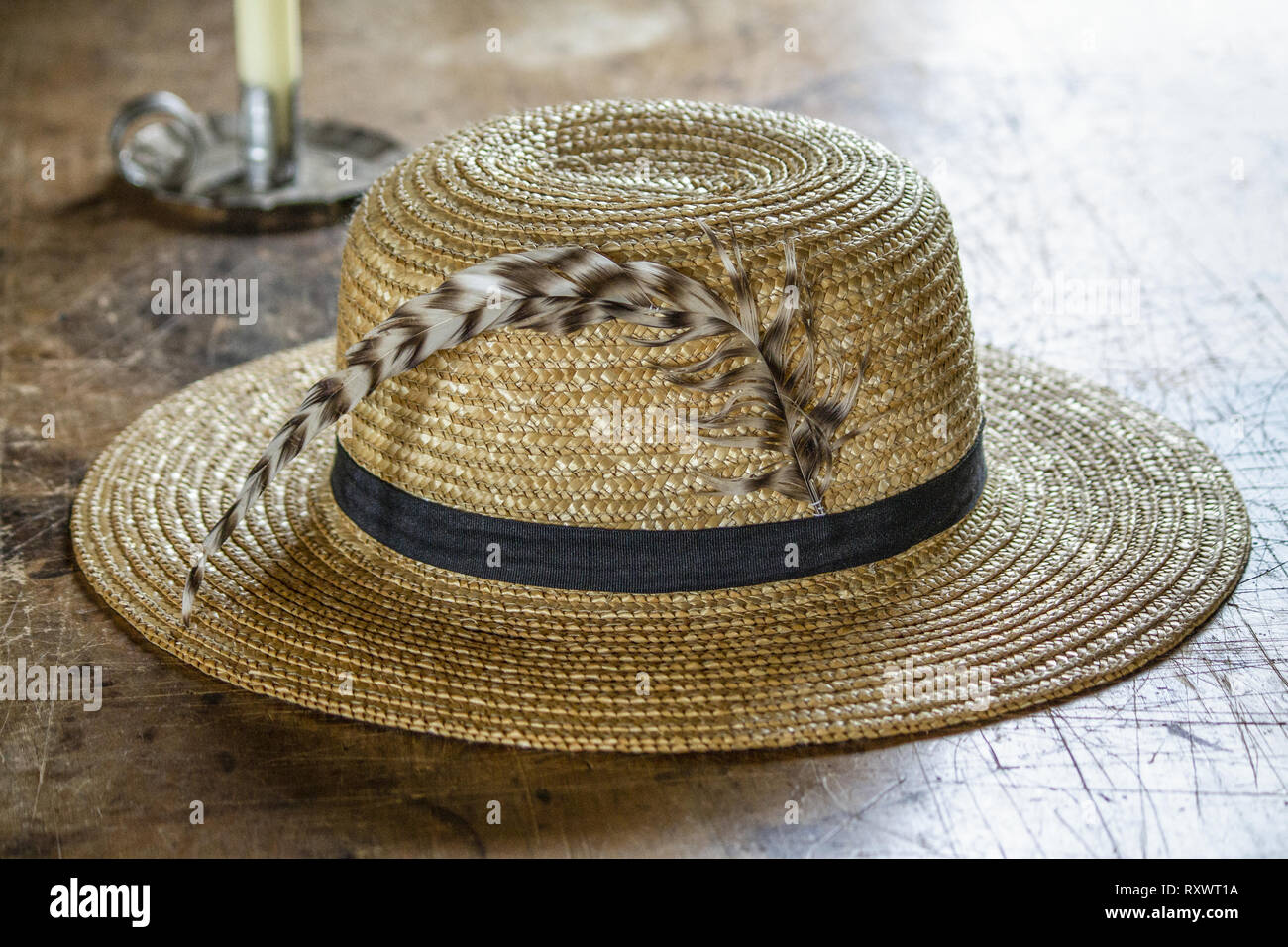 An old fashioned hat on a table Stock Photo