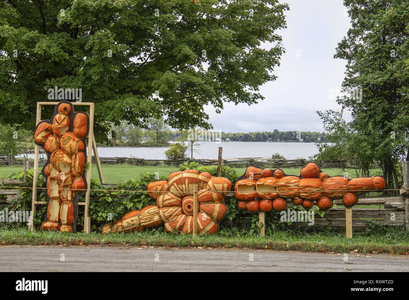 A soldger and a canon made from pumpkin in Upper Canada Village  during Halloween Stock Photo