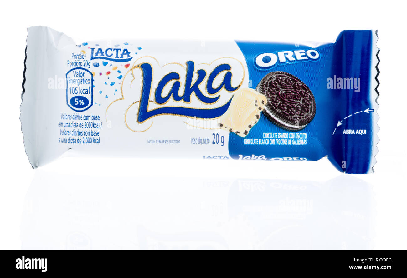 Winneconne, WI - 3 March 2019: A package of Lacta Laka Oreo bar on an isolated background Stock Photo