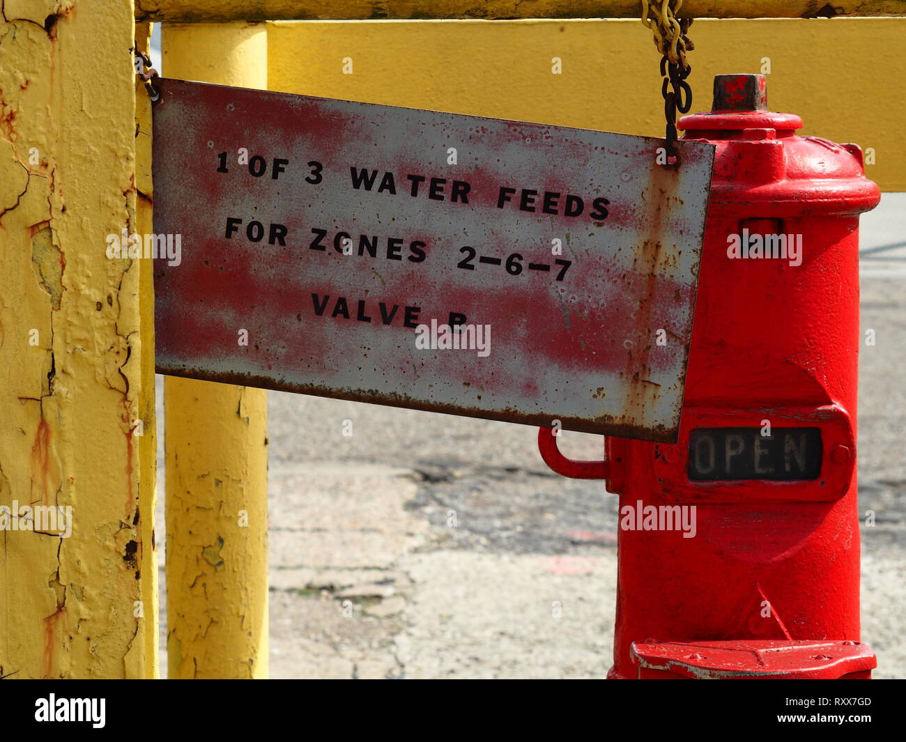 Vintage water control valve and sign Stock Photo