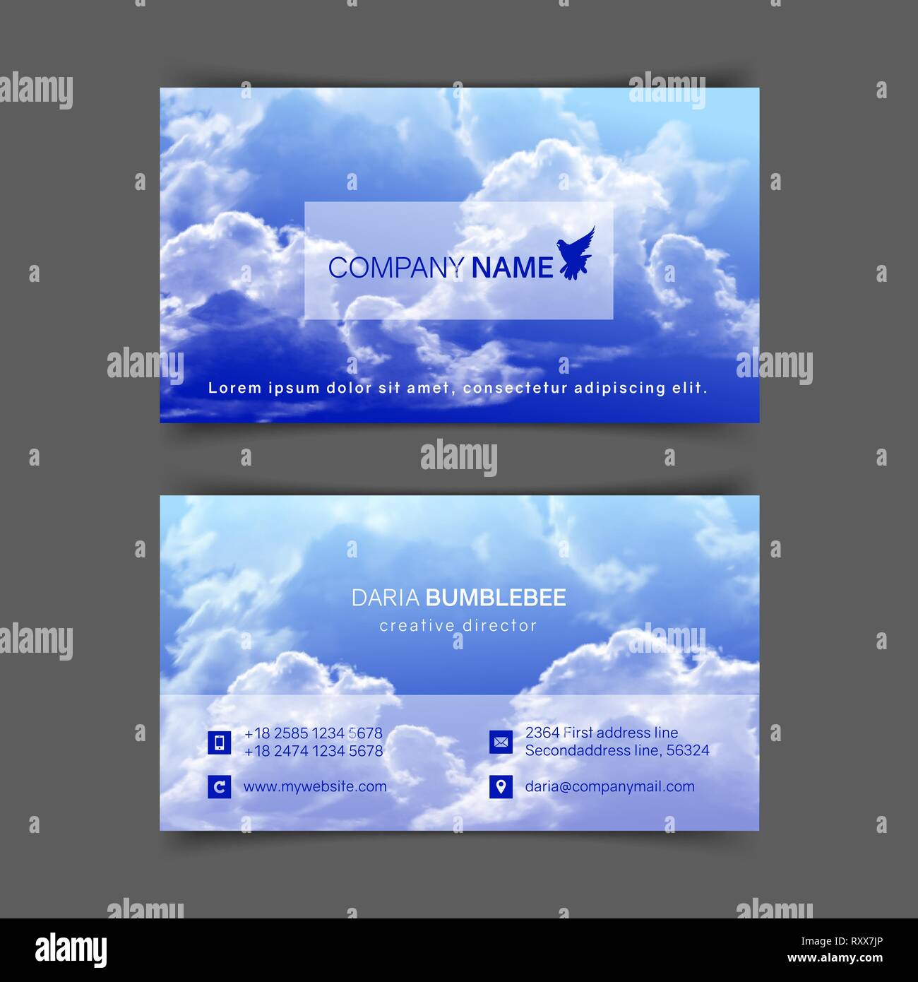 Two-sided horizontal business cards with realistic blue sky and clouds. The image can be used to design a business card. Stock Vector