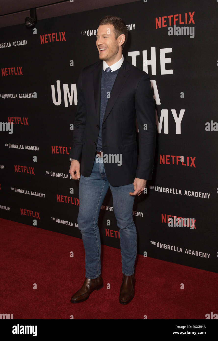 Cast attend photocall for forthcoming Netflix series 'The Umbrella Academy'  Featuring: Tom Hopper Where: London, United Kingdom When: 07 Feb 2019  Credit: Phil Lewis/WENN.com Stock Photo - Alamy