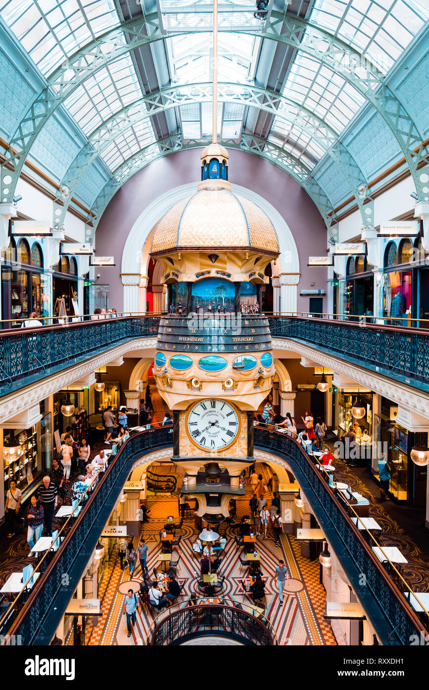 The Queen Victoria Building (QVB) is a famous historical building in Sydney CBD that is home to a variety of boutique stores and cafes. Stock Photo