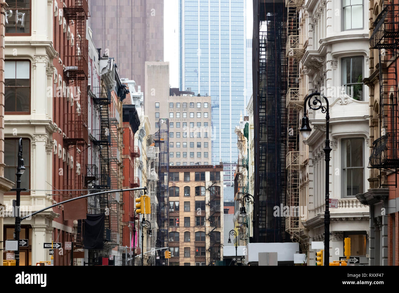 Crowded old buildings at the intersection of Broome and Greene Streets in SoHo New York City NYC Stock Photo