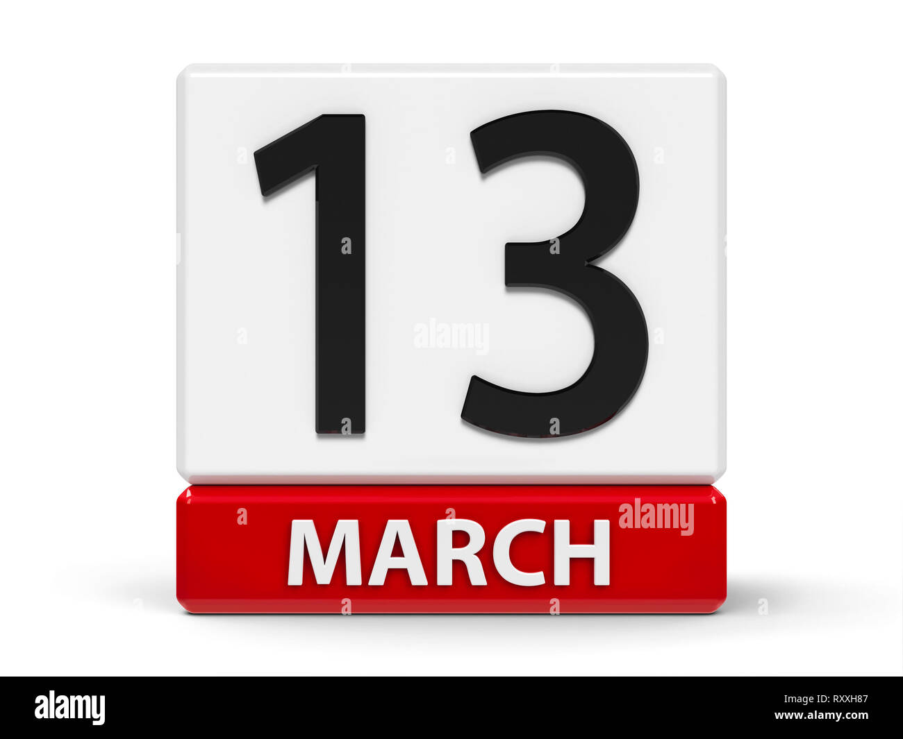 Red and white calendar icon from cubes - The Thirteenth of March - on a white table, three-dimensional rendering, 3D illustration Stock Photo