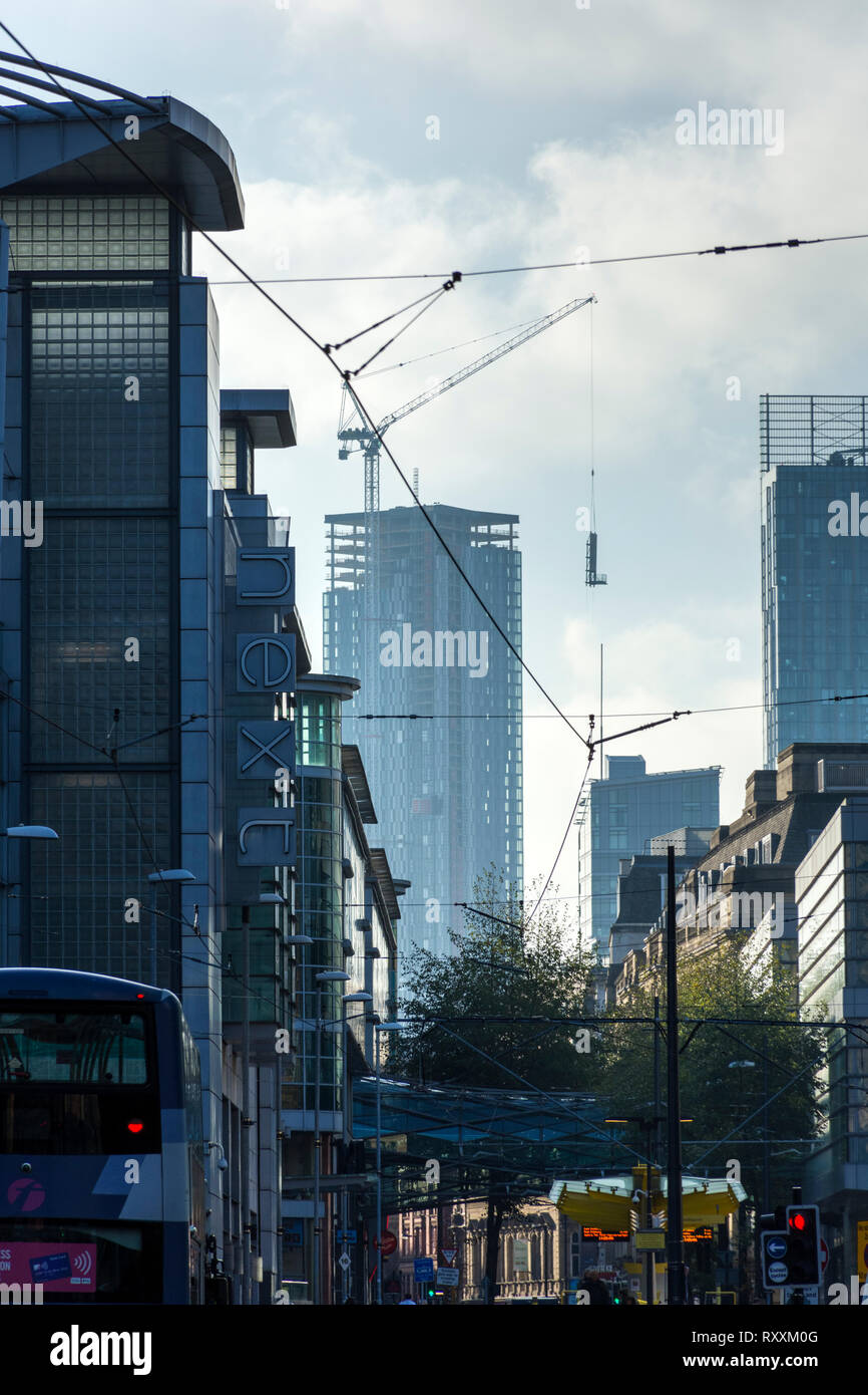 One of the Deansgate Square tower blocks (under construction) from Corporation Street, Manchester, England, UK Stock Photo
