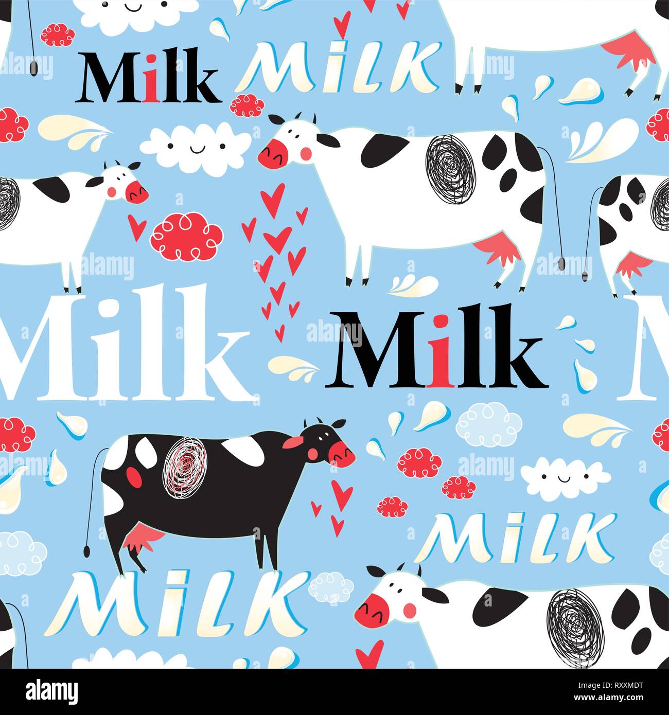 Vector seamless advertising pattern with cows and milk Stock Vector