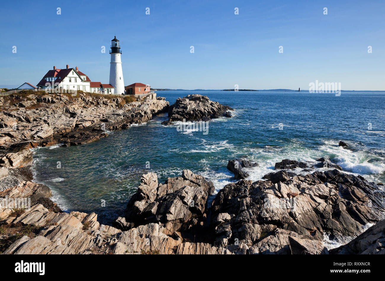 Portland Head Lighthouse at Cape Elizabeth located 5 m. (8 km) from Portland, Maine, USA Stock Photo