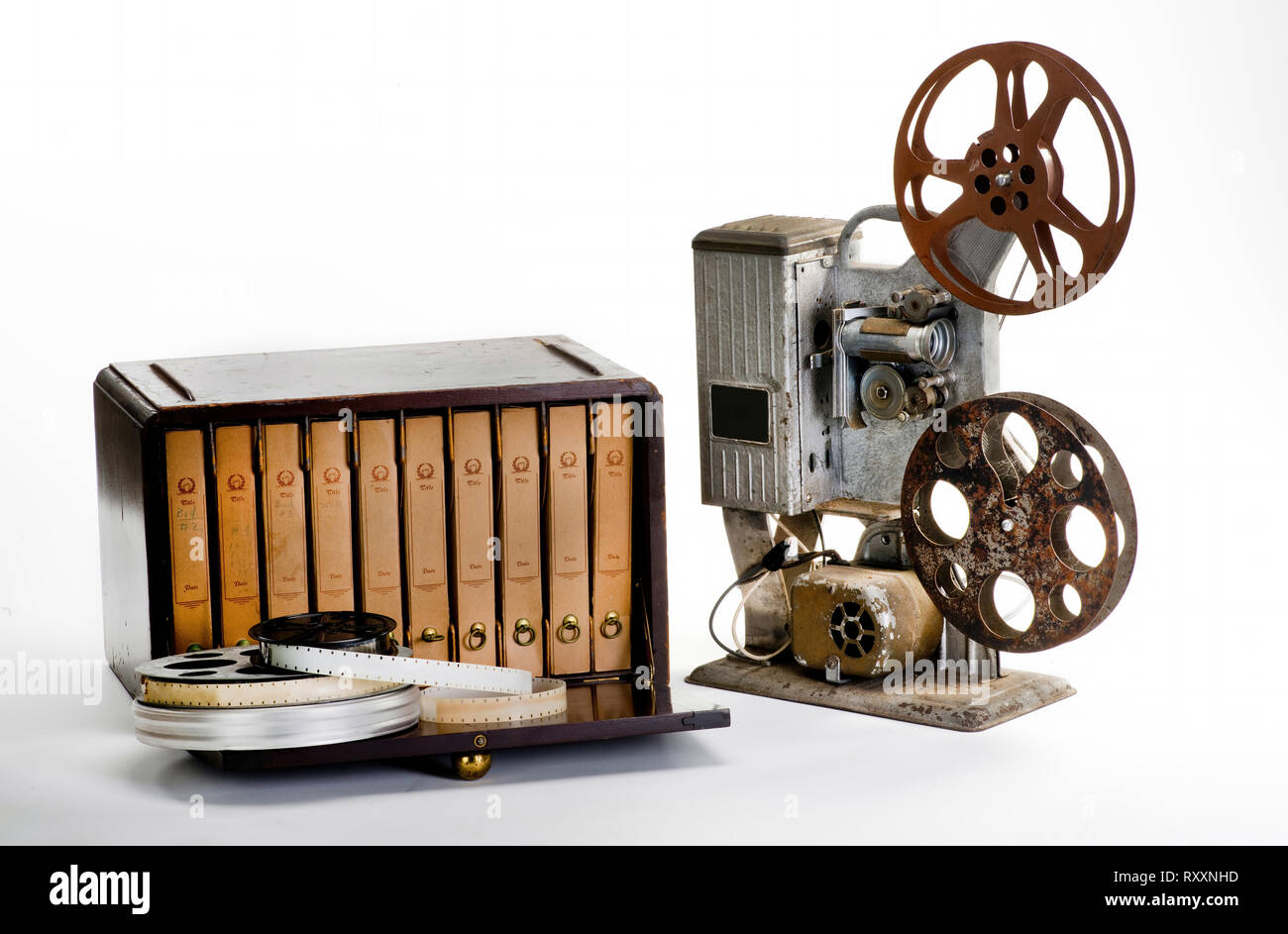 Old 16mm movie wooden storage box and reels from the 1940's. Stock Photo