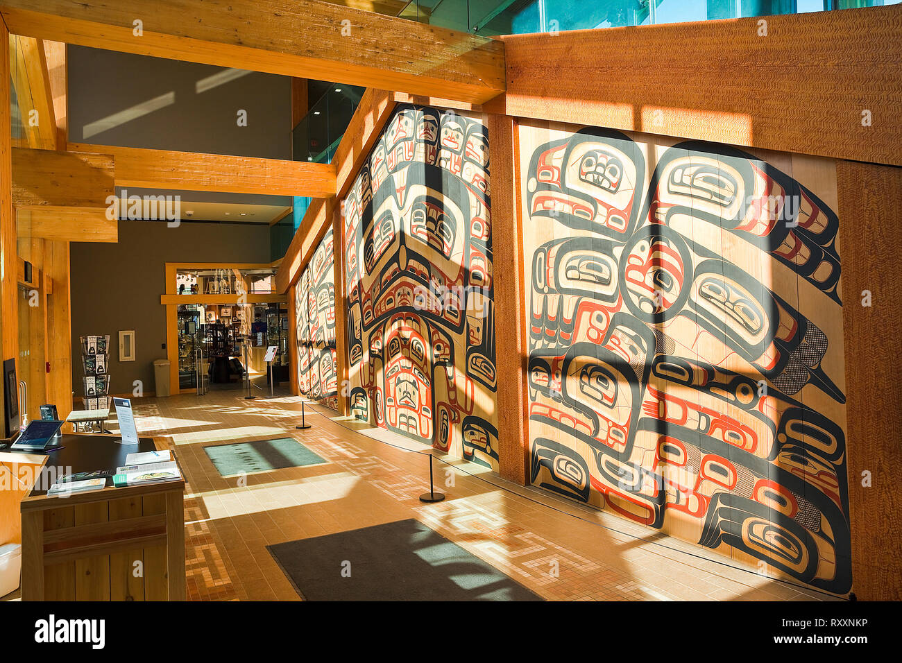 Clan house front on display in the entrace to the Sealaska Heritage Institute. The panels were created by Tsimshian artist David A. Boxley. Juneau, Alaska, USA Stock Photo