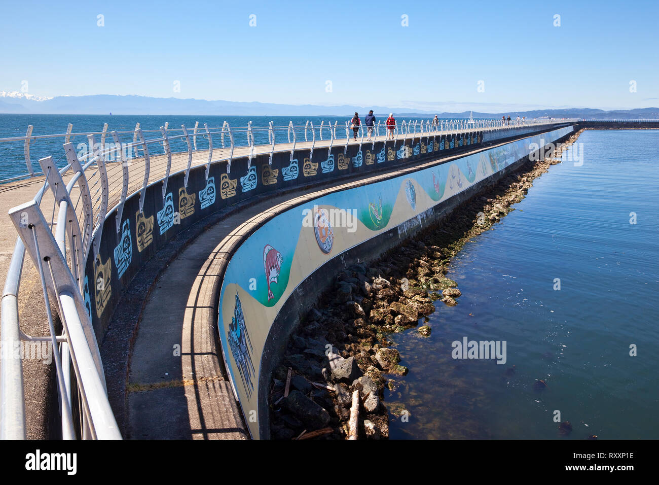 Ogden Point Breakwater serving as a canvas for the Unity Wall Mural honouring the first inhabitants of Victoria's Harbour, the Esquimault and Songhees Nations, Victoria, British Columbia, Canada Stock Photo