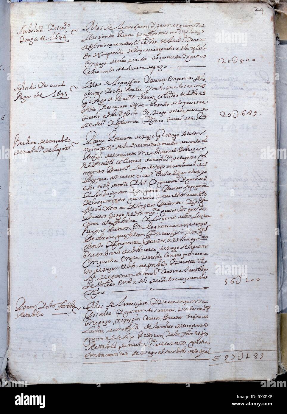 LIBRO DE FABRICA - CUENTAS DE LA CATEDRAL DE GETAFE - Nº4 - FOLIO 24R - AÑOS 1644 A 1692. Location: ARCHIVO HISTORICO DIOCESANO. GETAFE. MADRID. SPAIN. Stock Photo