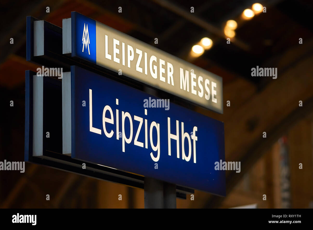 Neon sign with the inscription 'Leipzig central station' Stock Photo