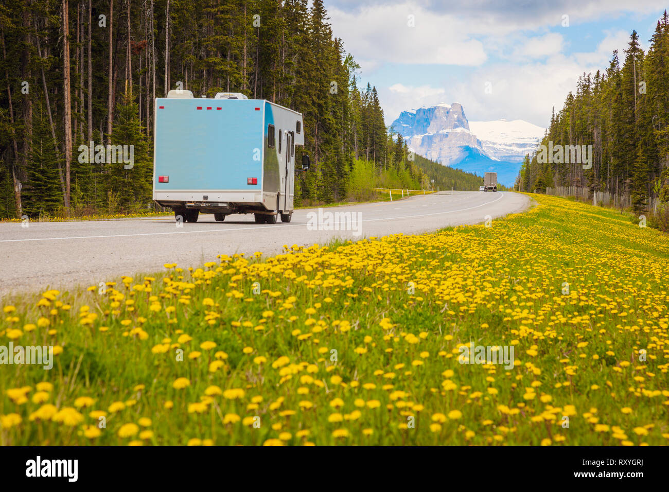 RV on the highway in Jasper National Park. Alberta, Canada Stock Photo