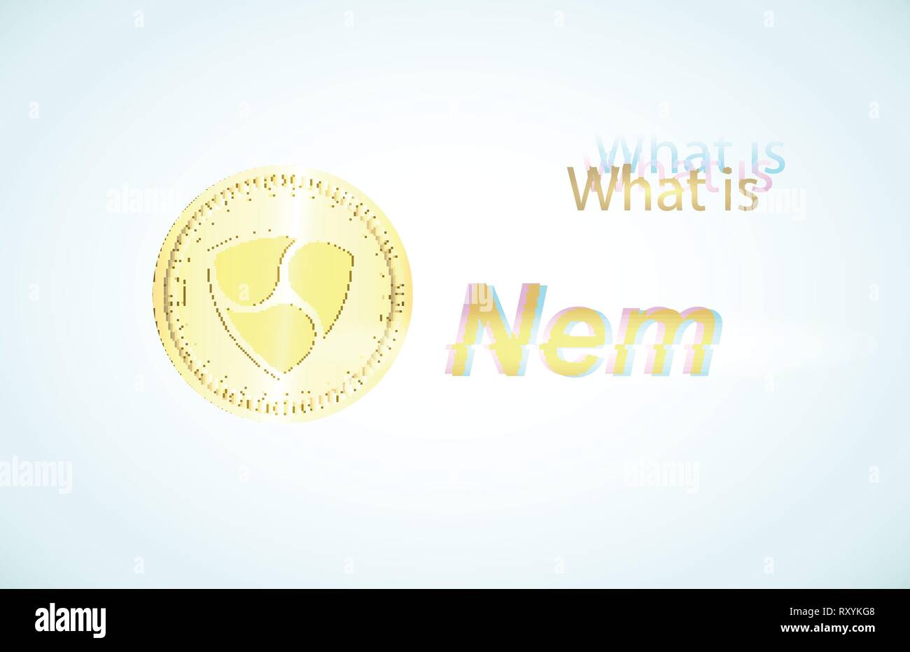 Realistic gold coin nem and light blue background . Stock illustration. Glitch style Stock Vector