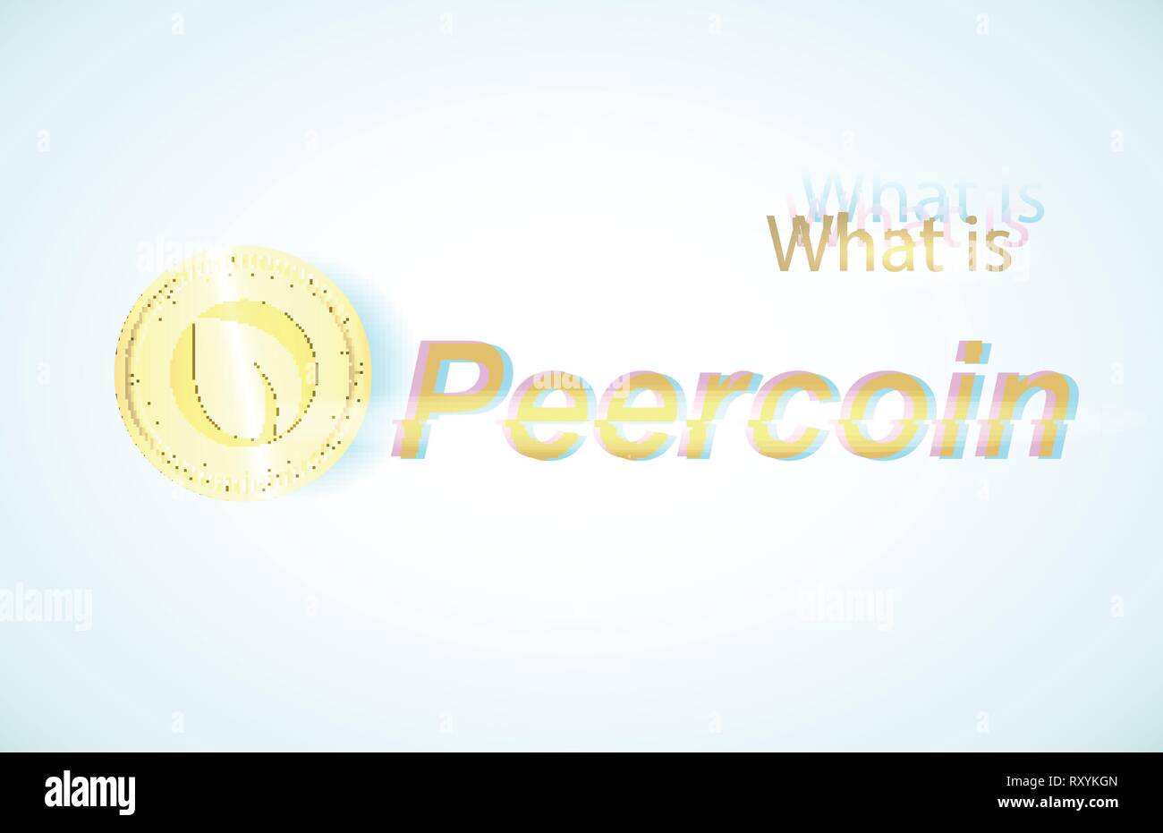 Realistic gold coin peercoin and light blue background . Stock illustration. Glitch style Stock