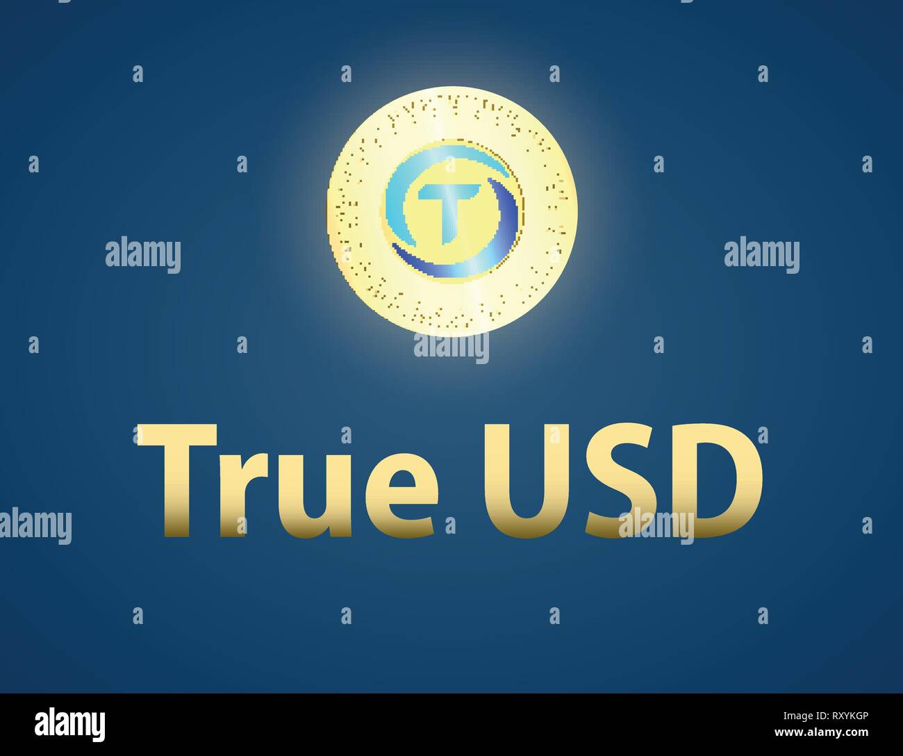 Banner with realistic gold coin True USD and dark blue background . Stock illustration. Crypto currency golden coin symbol isolated on transparent bac Stock Vector