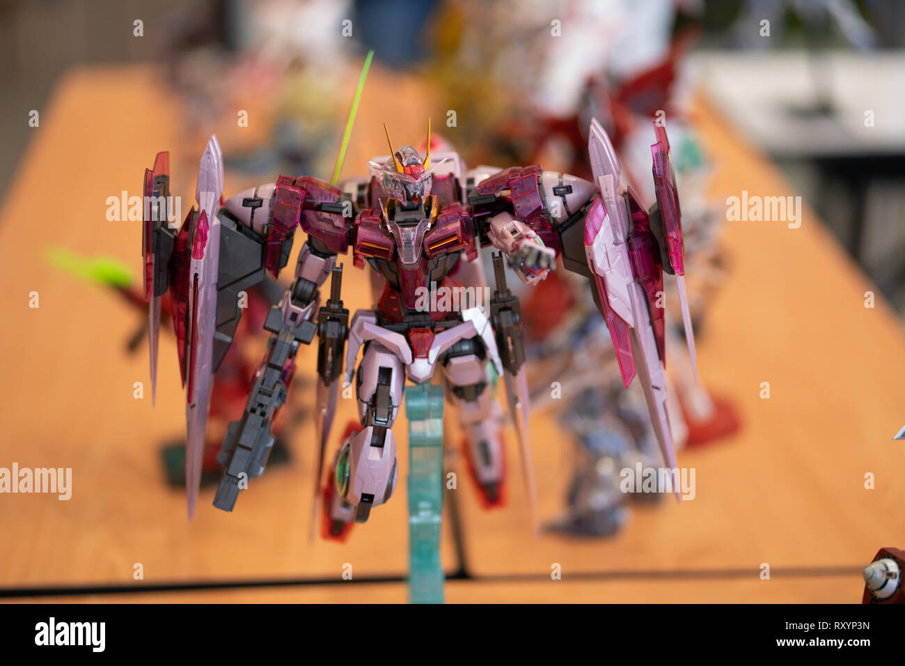 Gundam 00 Raiser Trans Am version model kit posed on display stand ...