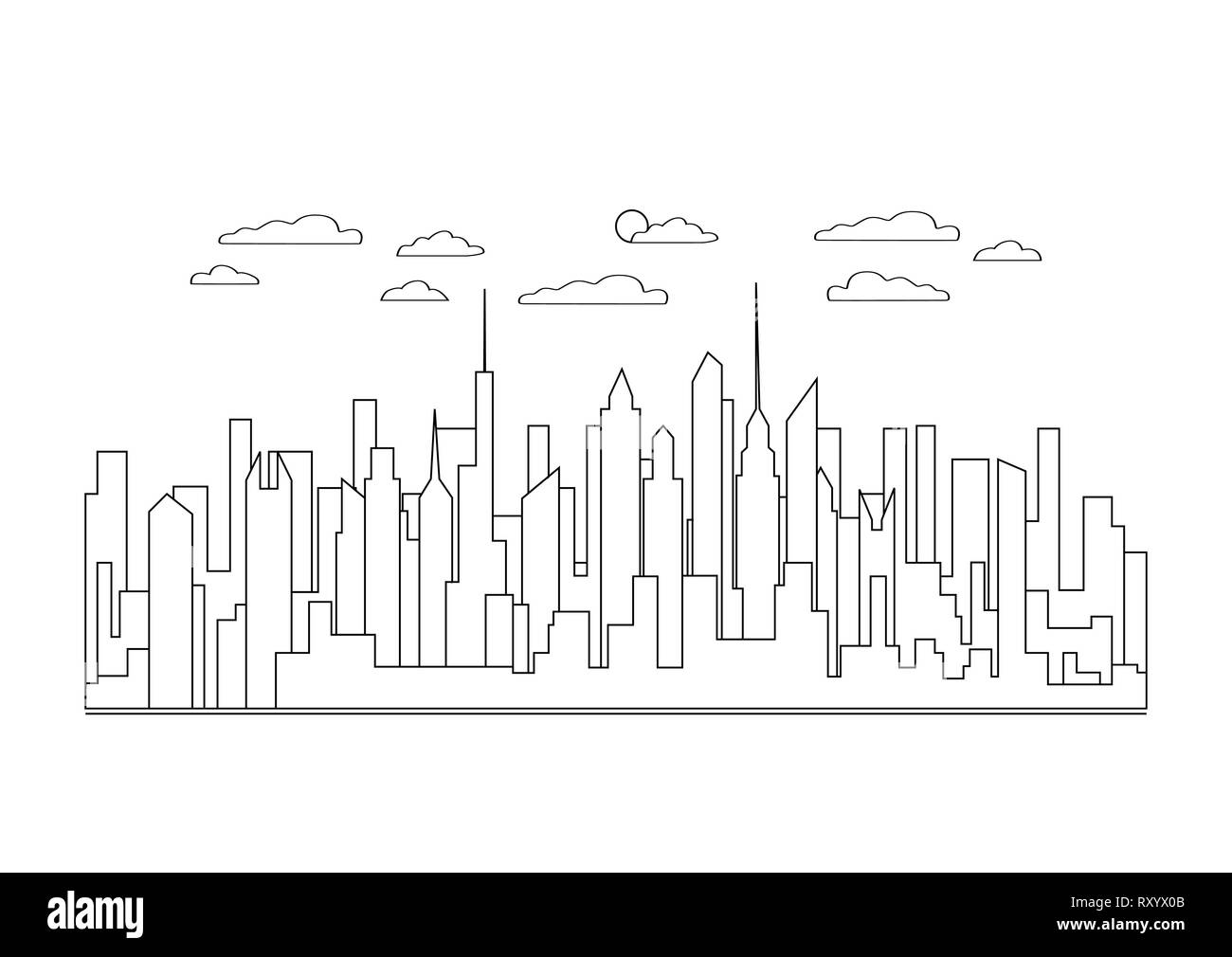 Thin line city landscape icon. Panorama design urban modern city with high skyscrapers, buildings, sky, clouds. Line art stile abstract backround, lin Stock Vector