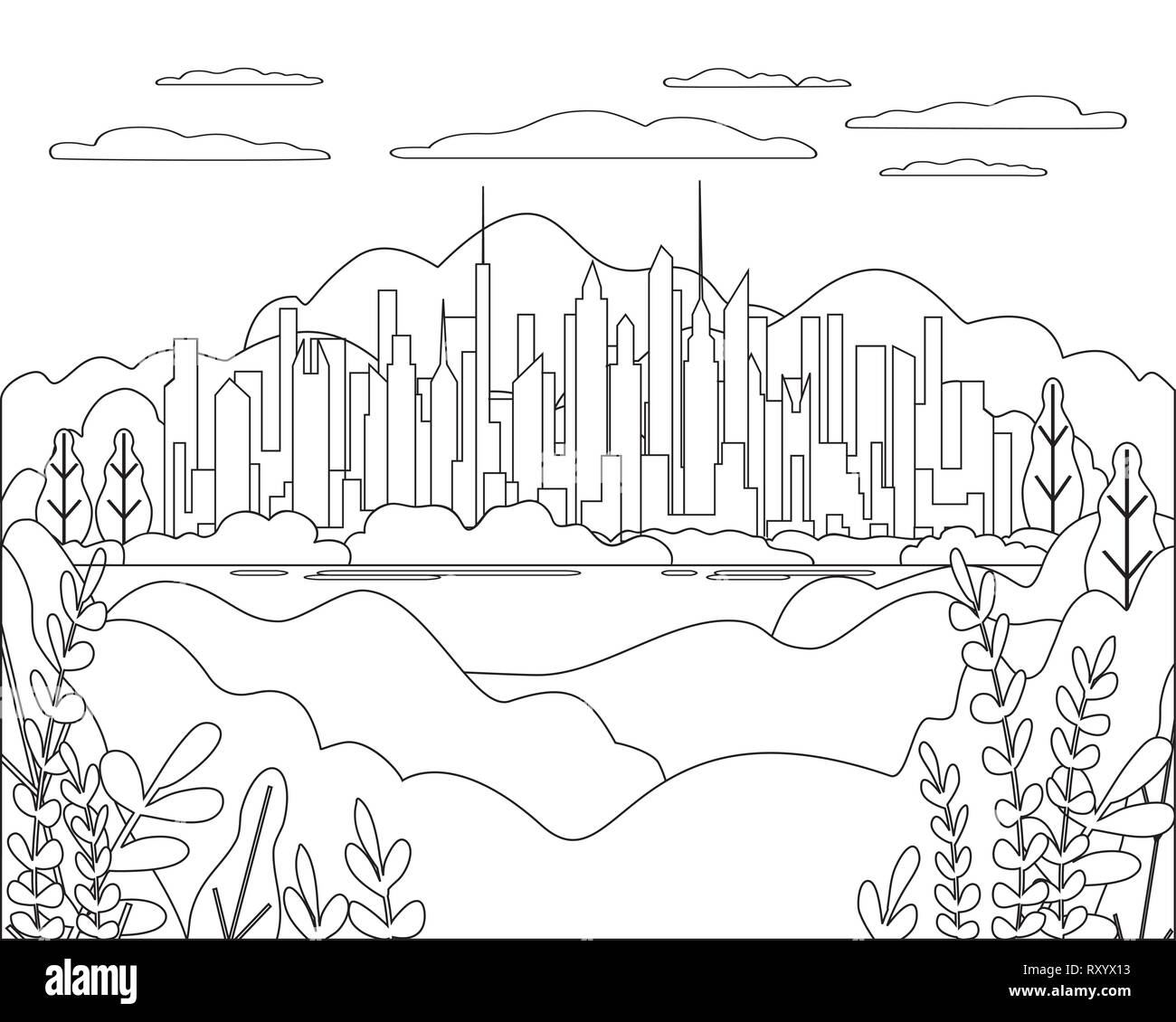 Thin line city landscape flat. Panorama design urban modern city with high skyscrapers, buildings, mountains, hills, trees, sky, clouds and sun. Line  Stock Vector