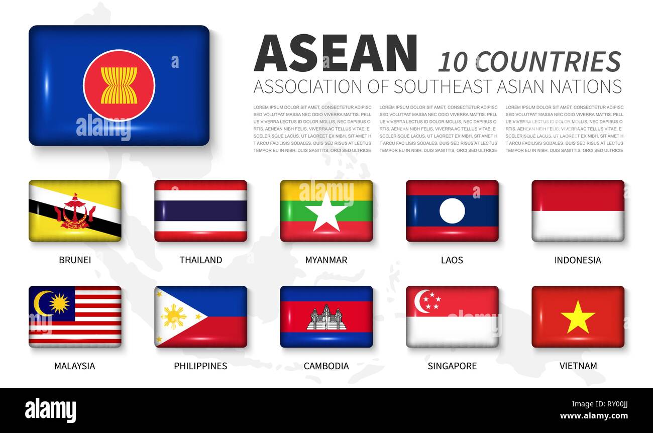 ASEAN and membership ( Association of Southeast Asian Nations ) . Shiny round angle rectangle button flag on white background with southeast asia map  Stock Vector