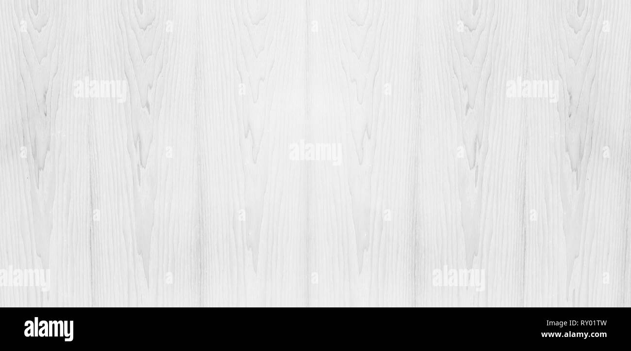 Wide Table top view of wood texture in white light natural color background. Panoramic Grey clean grain wooden floor birch panel backdrop with plain b Stock Photo