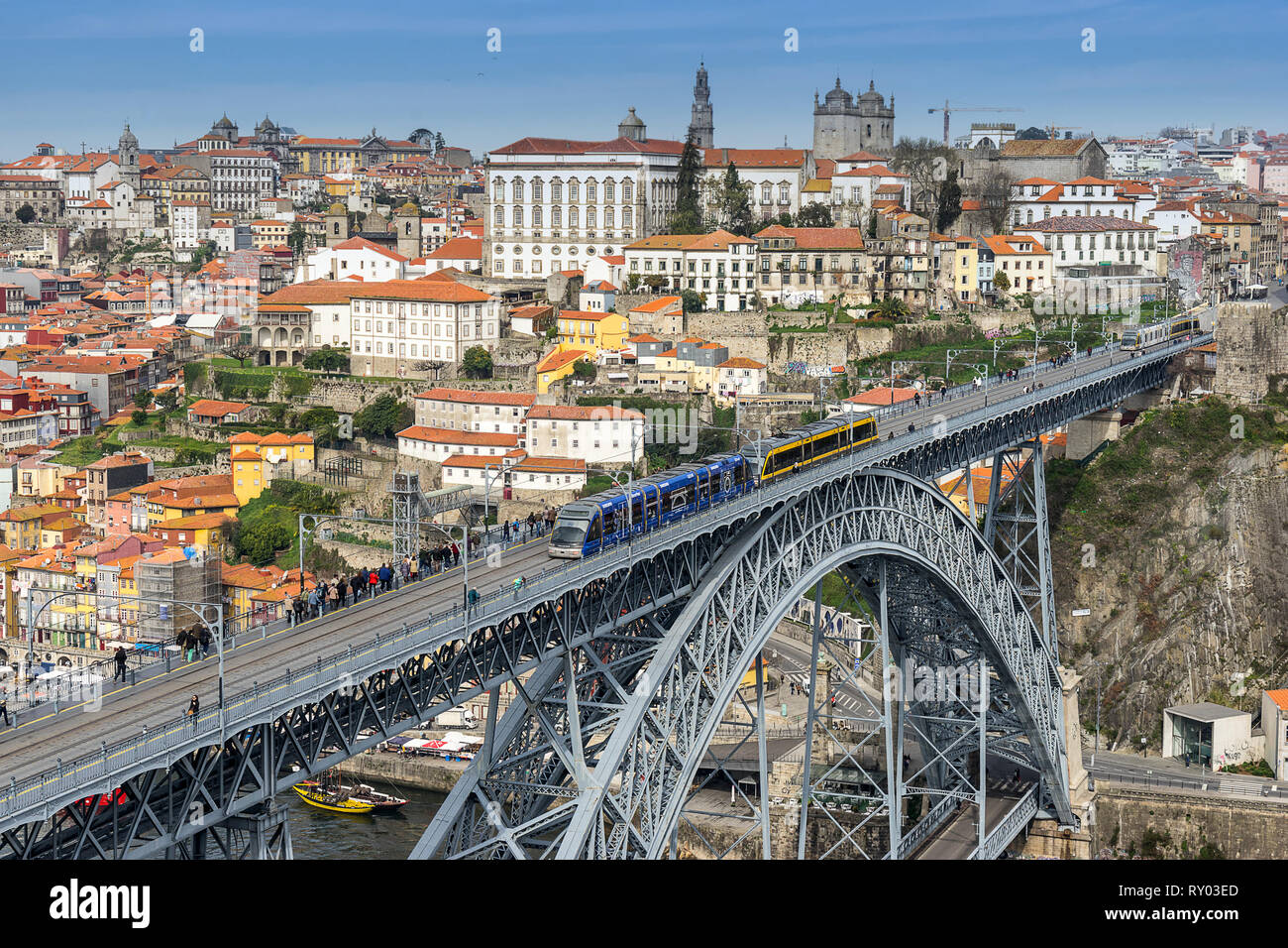 Looking across the Dom Luis bridge to Riberia in Porto Portugal Stock Photo