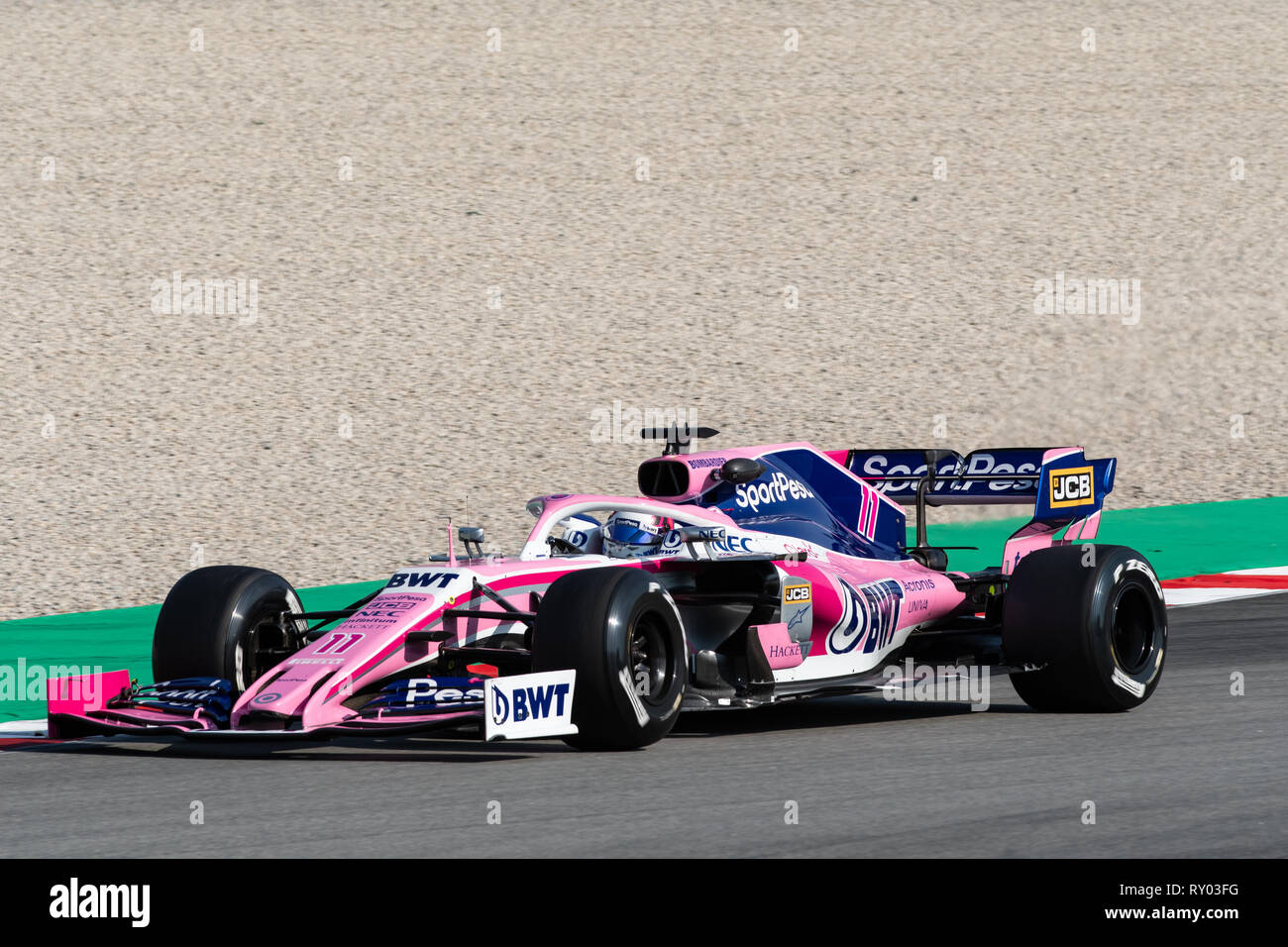 Barcelona, Spain, Mar, 1st, 2019 - Sergio Perez from Mexico (11) with Racing Point F1 RP19 on track during day eight of F1 2019 Pre-Season Test. Stock Photo