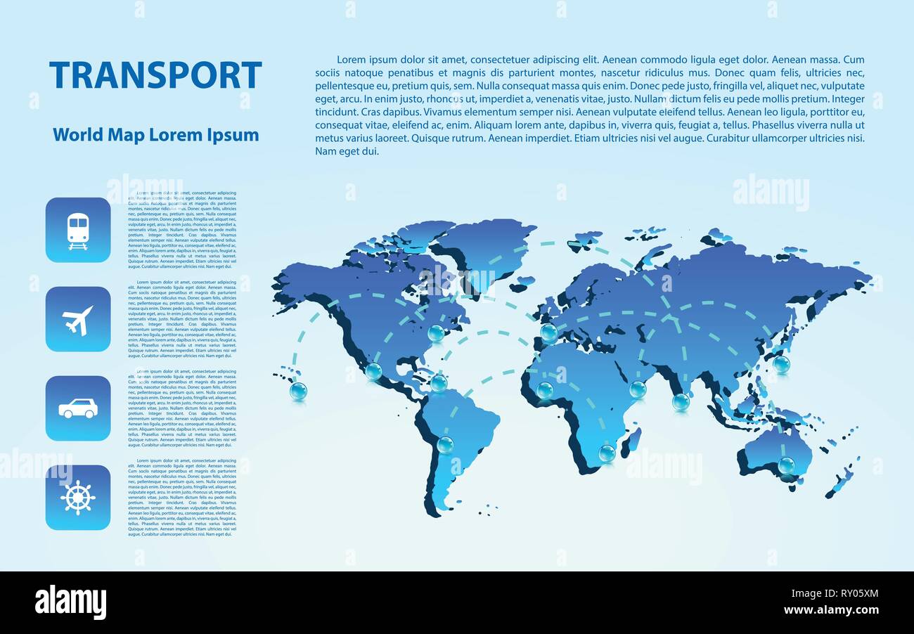 World map with different marks and transport. Design elements Stock Vector