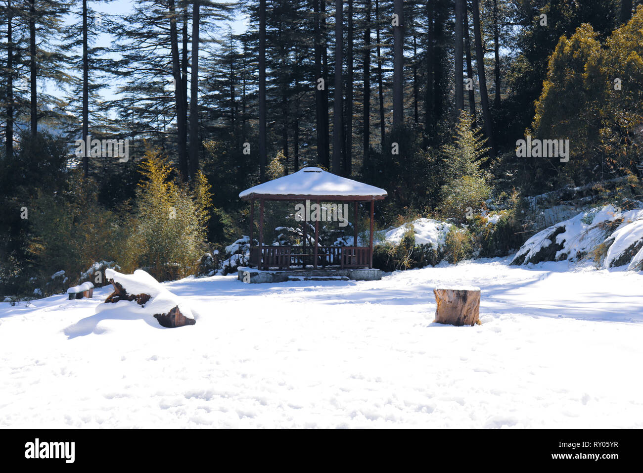 Winter snow covered mountain peaks in India. Stock Photo