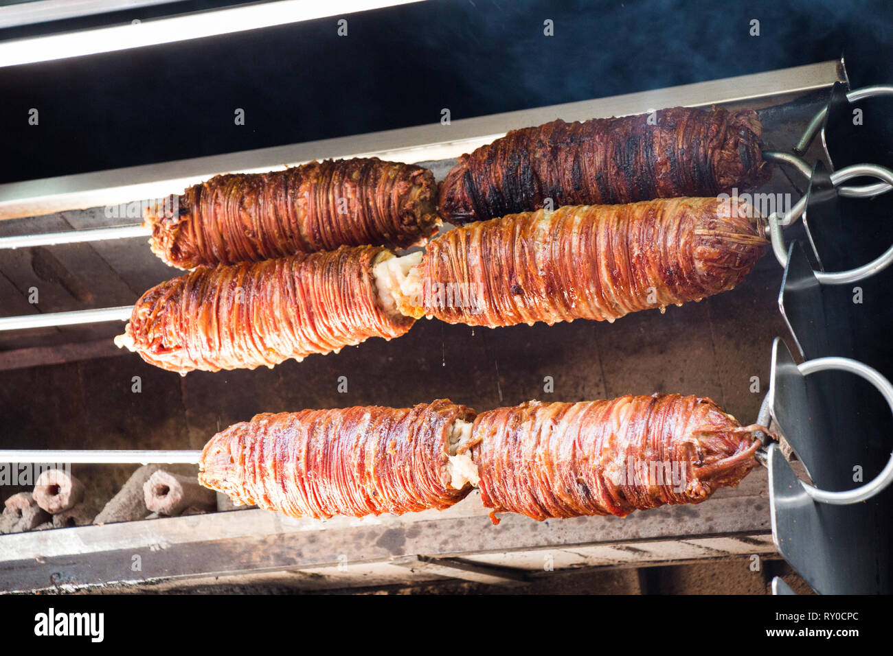 Kokoreç, a Turkish dish made of seasoned and skewered lamb intestines