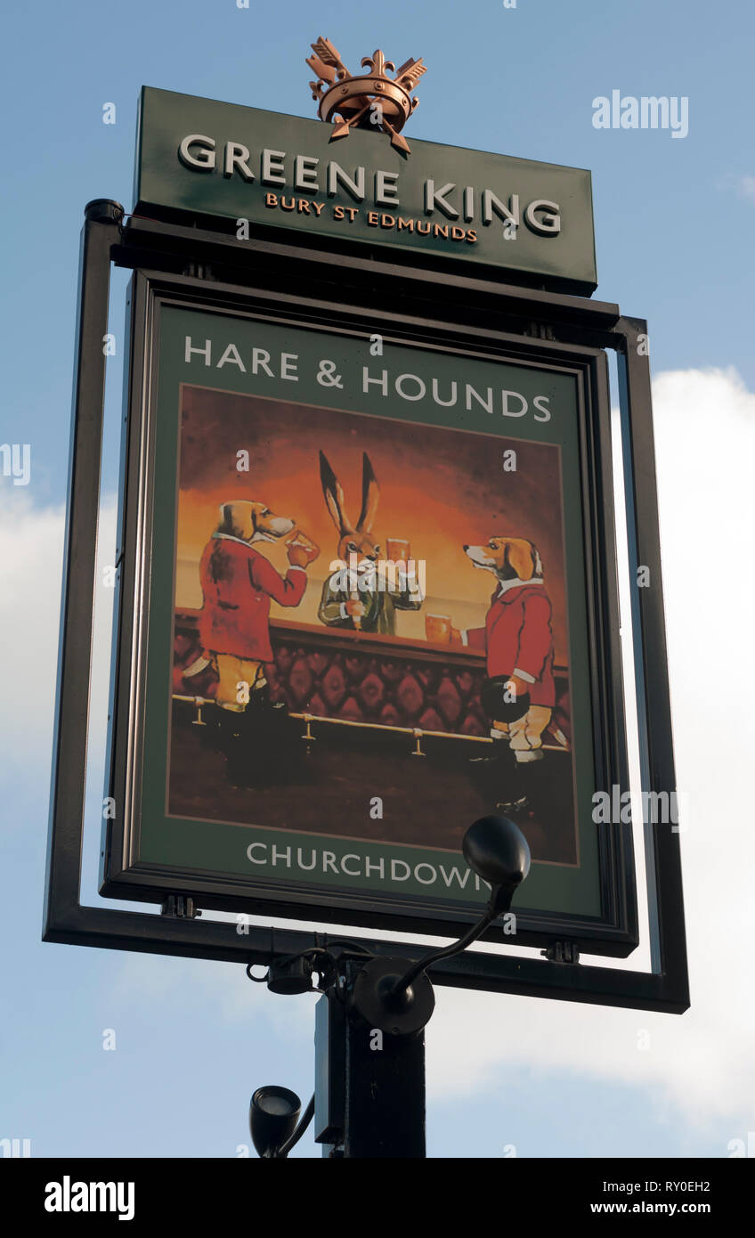 The Hare and Hounds pub sign, Churchdown, Gloucestershire, England, UK ...