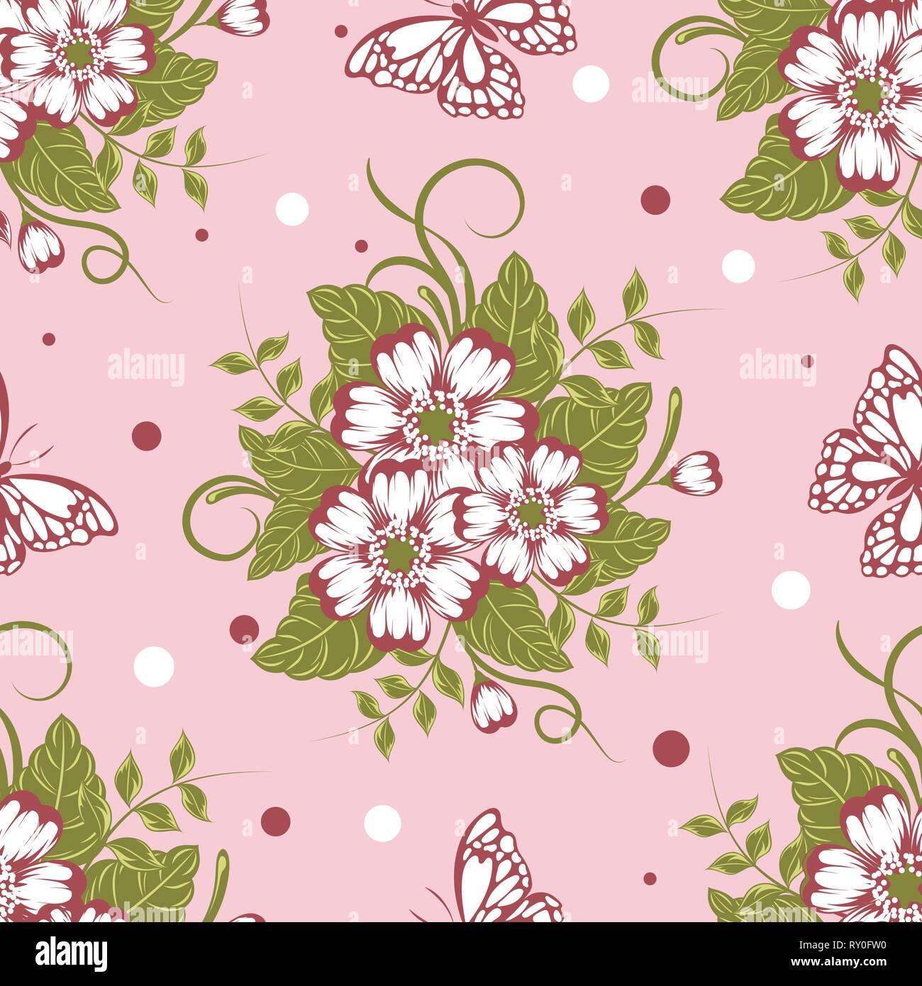 Seamless pattern with beautiful flowers and butterflies. Vector ...