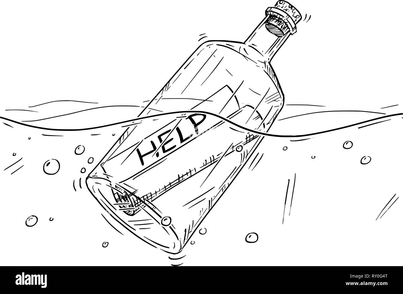 Cartoon Drawing of Help Message in Bottle Floating in Ocean Stock Vector