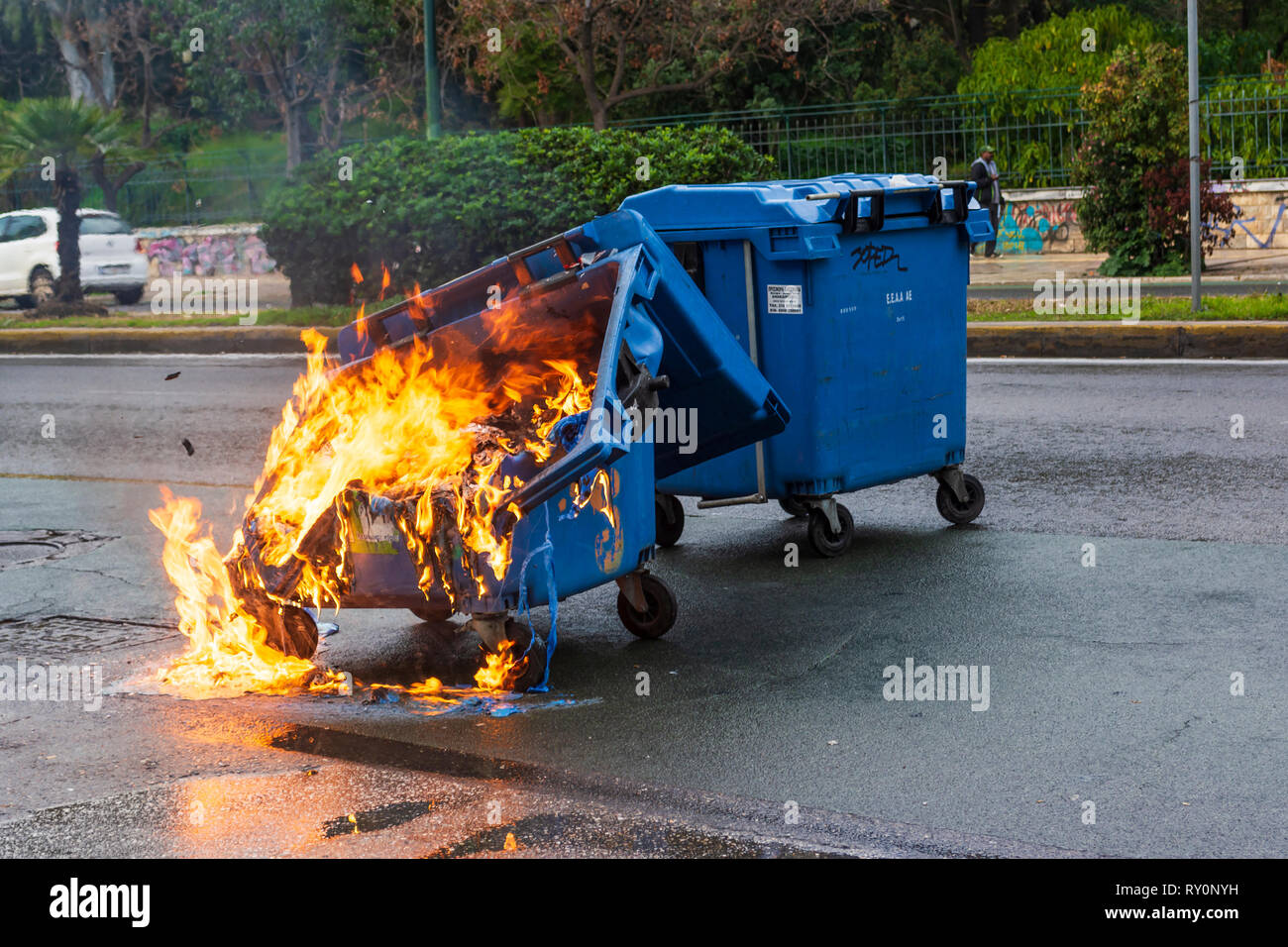 Burnt and melted trash bin from fire in the city of Athens after a demonstration event Stock