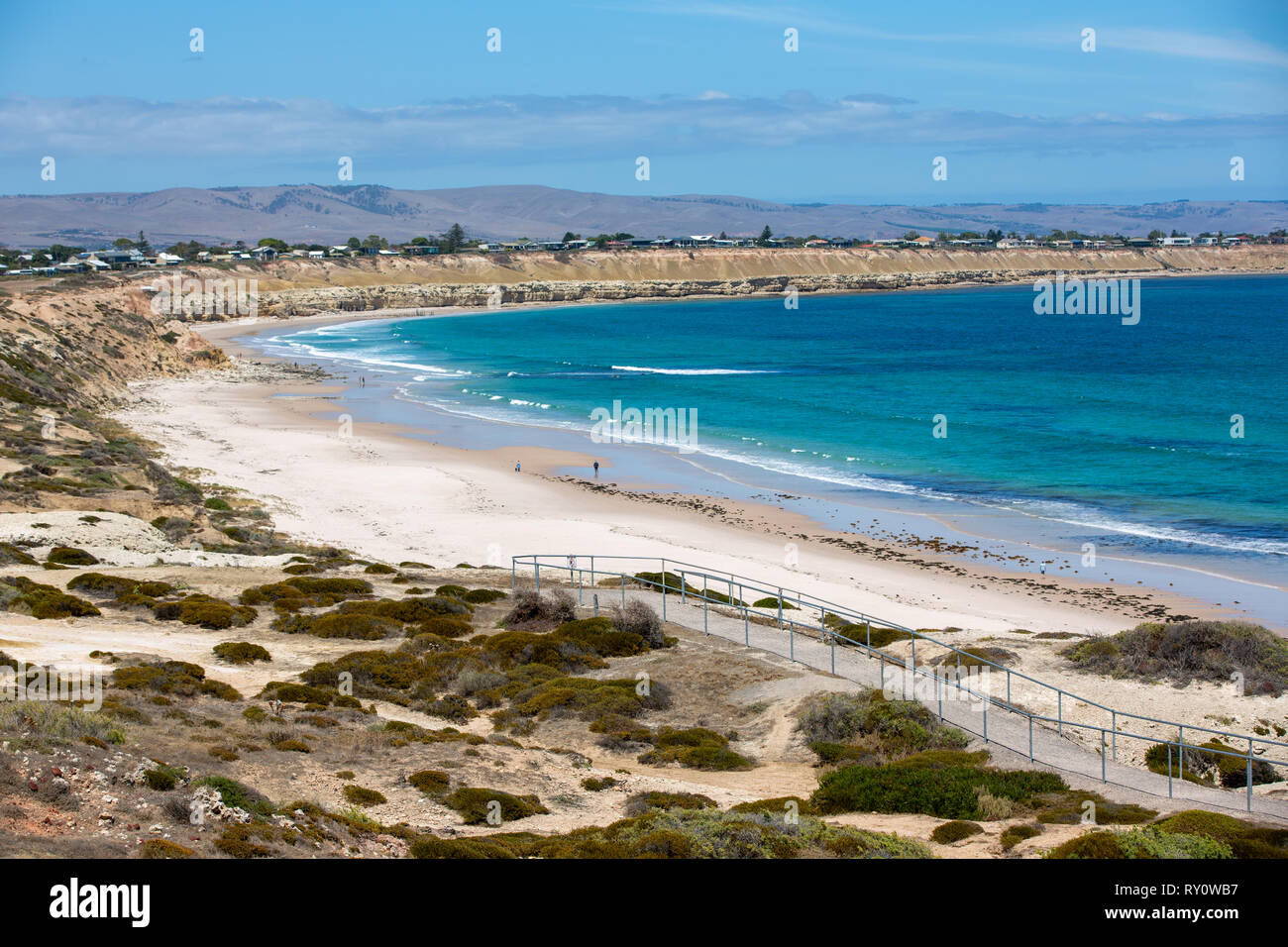 The iconic Port Willunga beach and surrounding cliffs on a clear sunny day in South Australia on 14th February 2019 Stock Photo