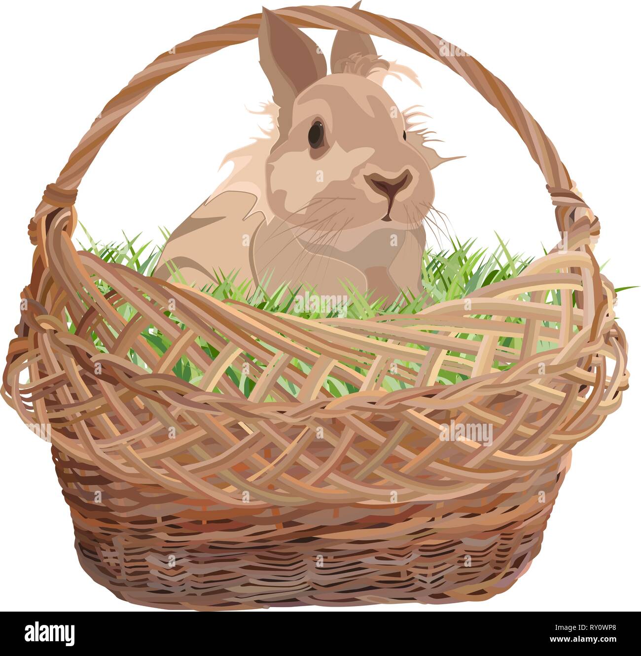 Cute decorative rabbit in wicker basket, vector flat illustration Stock Vector